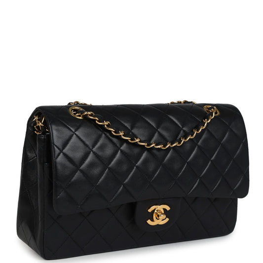 Chanel Vintage Medium Classic Double Flap Bag Black Lambskin Gold Hardware