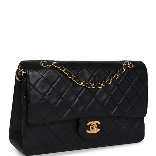 Chanel Vintage Medium Classic Double Flap Bag Black Lambskin Gold Hardware