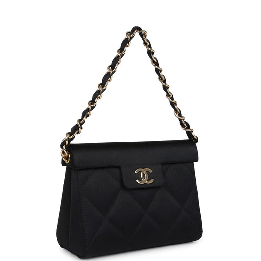 Chanel Vintage Mini Evening Handbag Bag Black Satin Gold Hardware