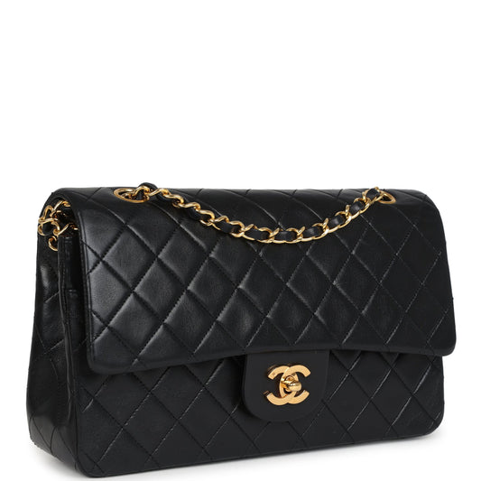 Chanel Vintage Medium Classic Double Flap Bag Black Lambskin Gold Hardware