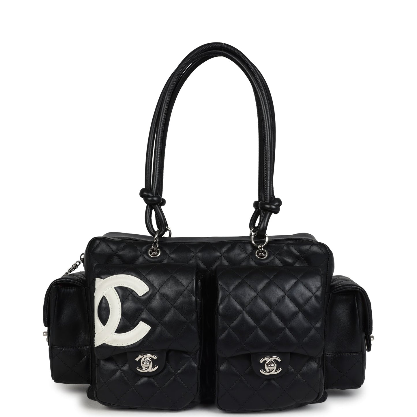 Chanel Vintage Large Cambon Ligne Reporter Bag Black and White Lambskin Silver Hardware