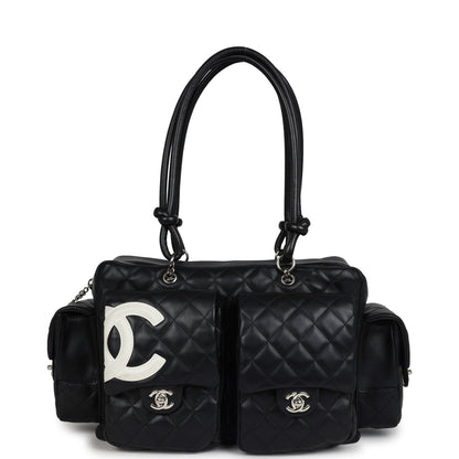 Chanel Vintage Large Cambon Ligne Reporter Bag Black and White Lambskin Silver Hardware