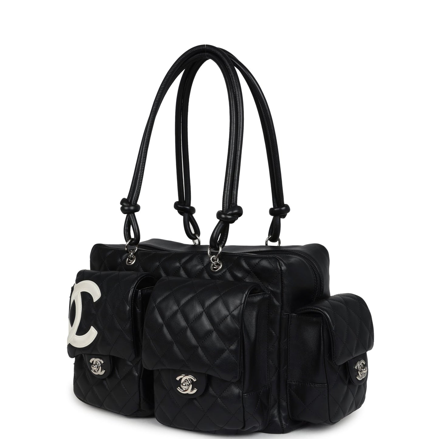 Chanel Vintage Large Cambon Ligne Reporter Bag Black and White Lambskin Silver Hardware