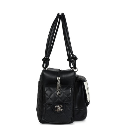 Chanel Vintage Large Cambon Ligne Reporter Bag Black and White Lambskin Silver Hardware