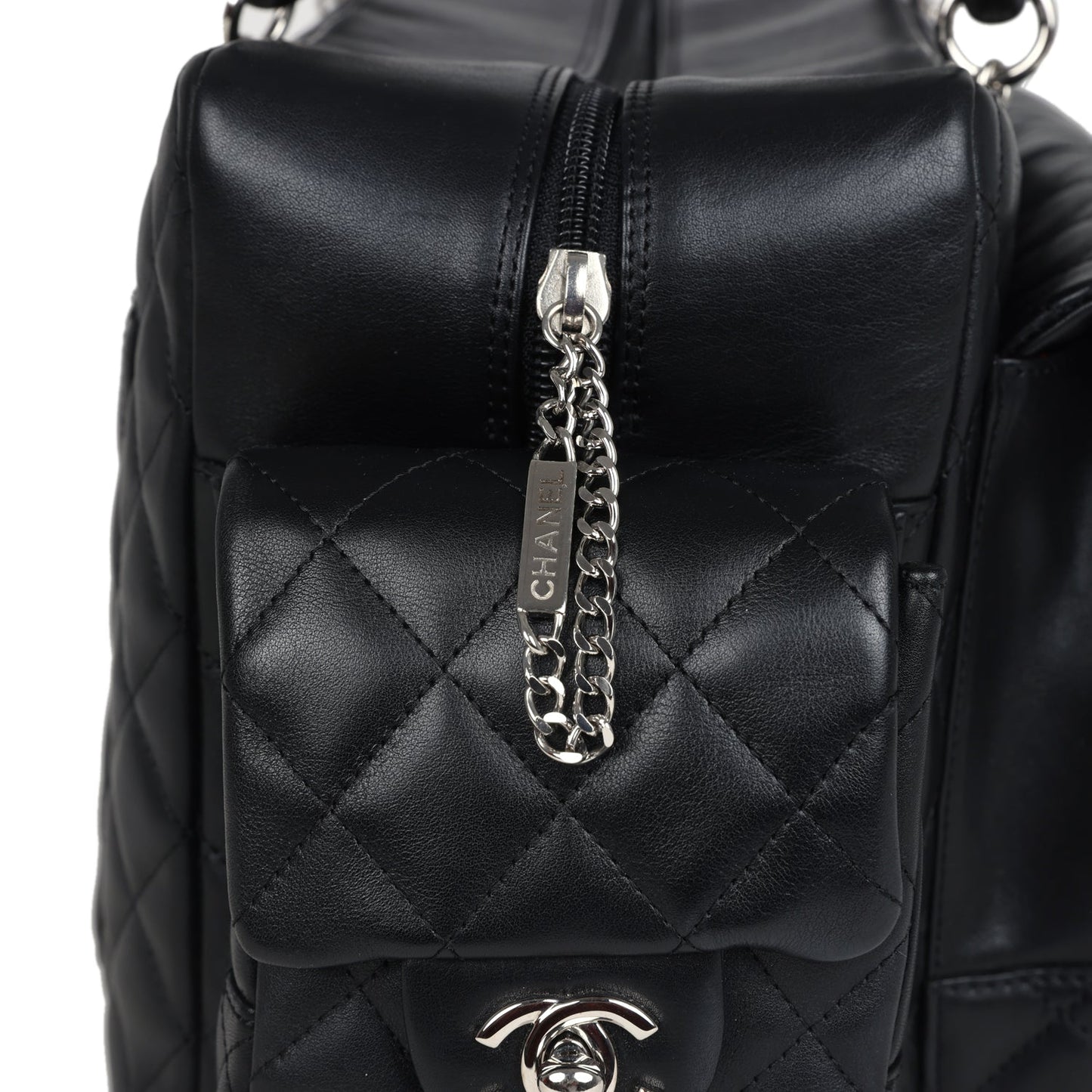 Chanel Vintage Large Cambon Ligne Reporter Bag Black and White Lambskin Silver Hardware