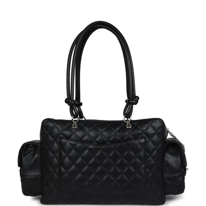 Chanel Vintage Large Cambon Ligne Reporter Bag Black and White Lambskin Silver Hardware