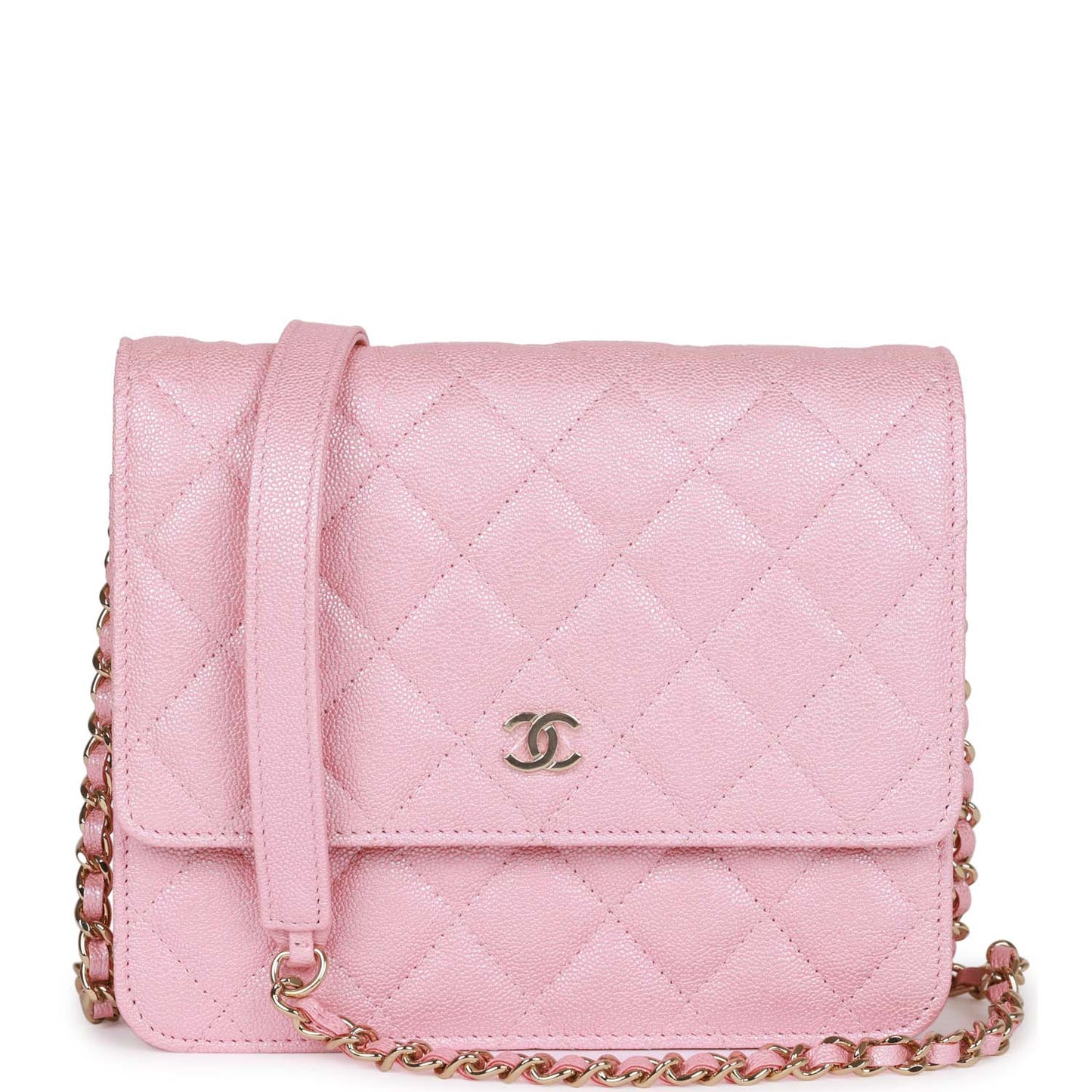 Chanel Square Wallet on Chain WOC Iridescent Pink Caviar Light Gold Hardware