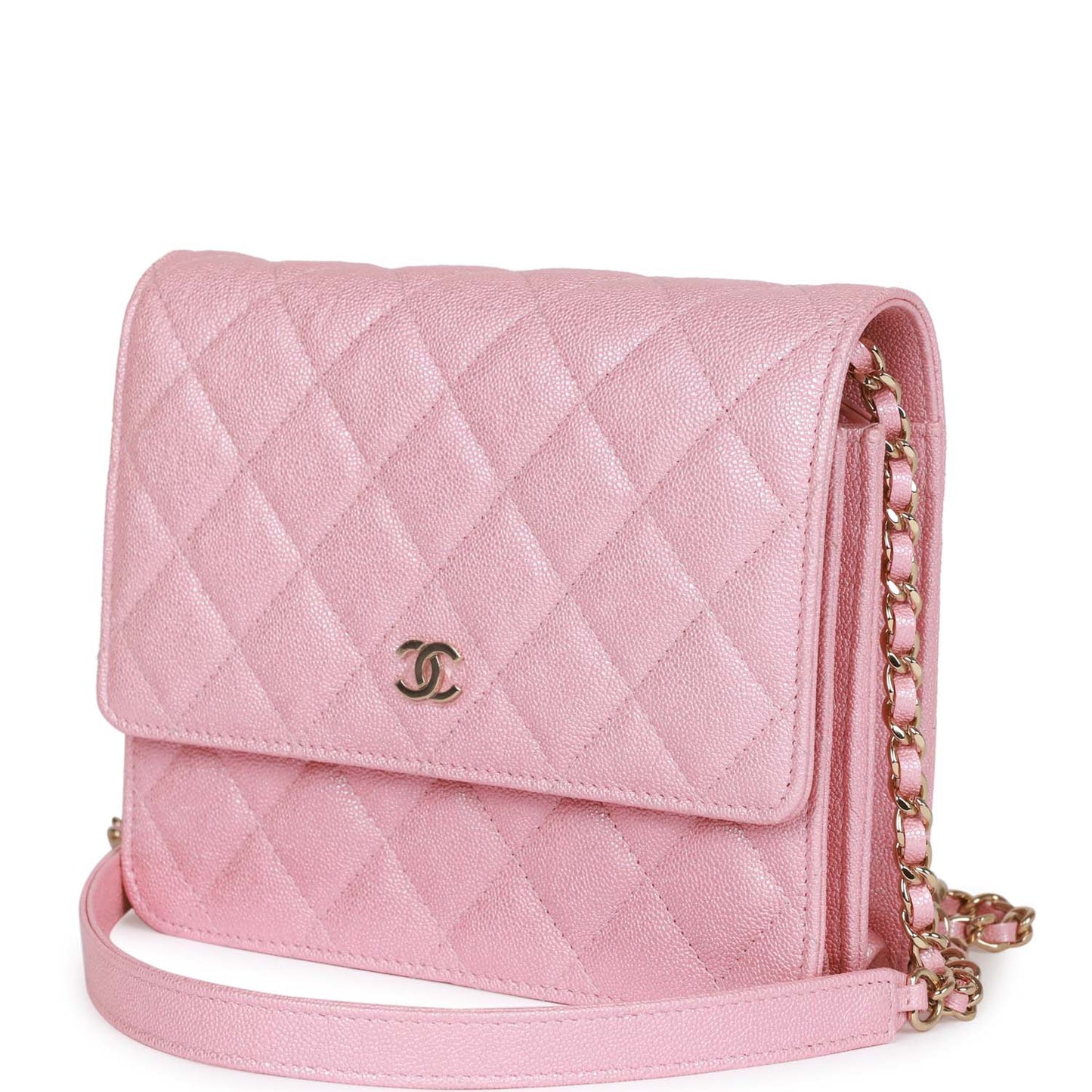 Chanel Square Wallet on Chain WOC Iridescent Pink Caviar Light Gold Hardware