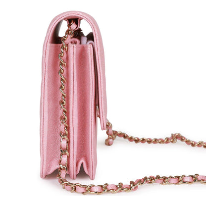 Chanel Square Wallet on Chain WOC Iridescent Pink Caviar Light Gold Hardware