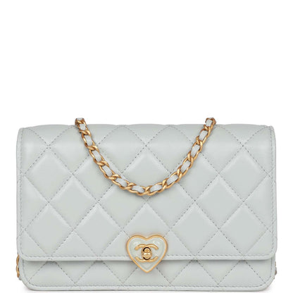 Chanel Heart Wallet on Chain WOC Light Blue Lambskin Aged Gold Hardware