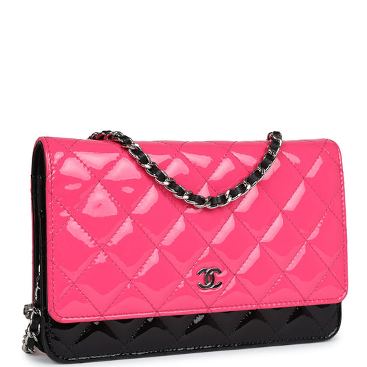 Chanel Classic Wallet On Chain WOC Pink & Black Patent Leather Silver Hardware