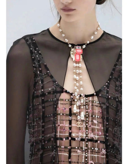 Chanel 21ss Pink Crystal & Pearl long Chain