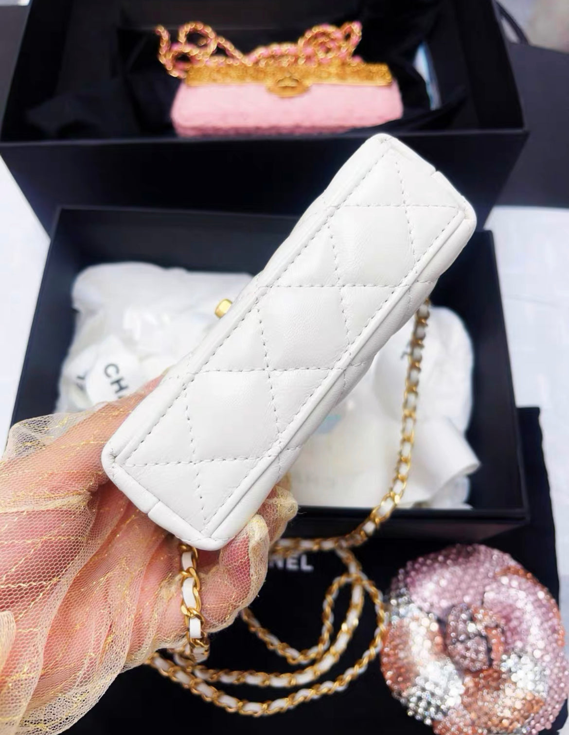 Chanel 24P Mini Nano Kelly white Quilted Calfskin Brushed Gold Hardware