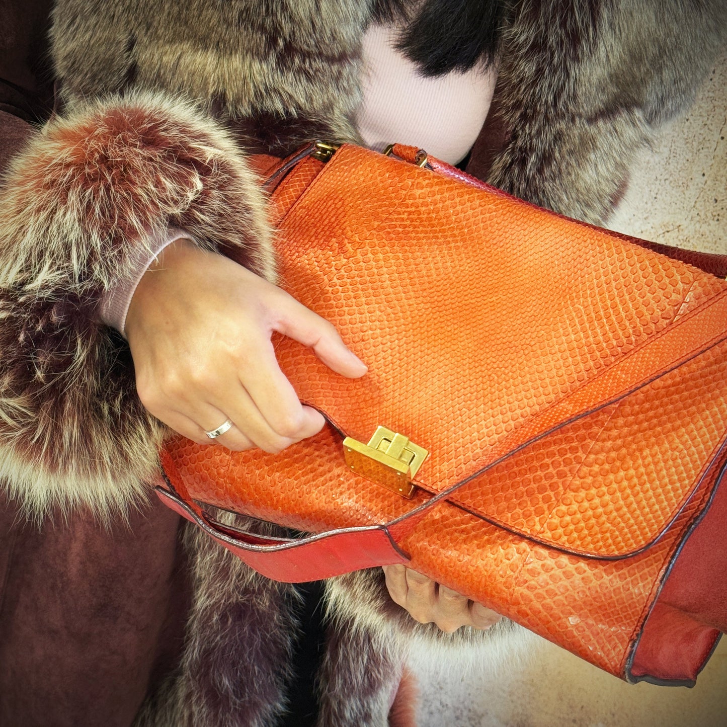 Celine Medium SnakeSkin Orange Trapeze Shoulder Bag TWS