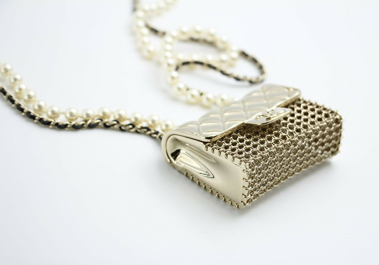 Chanel B21S Imitation Pearl Charm Mini Flap Handbag Leather Chain Long Necklace