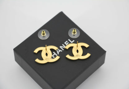 Chanel B19A Metal Square Embossed Gold CC Earrings