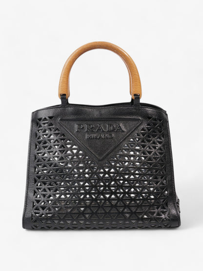 Prada Leather Cut Out Shopper with Wooden Handles in Black Black Leather