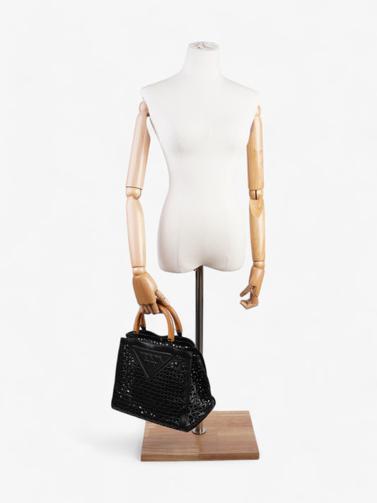 Prada Leather Cut Out Shopper with Wooden Handles in Black Black Leather