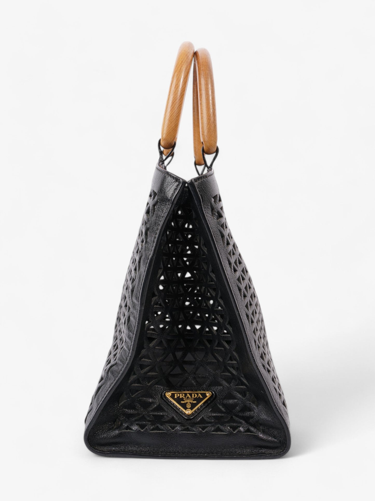 Prada Leather Cut Out Shopper with Wooden Handles in Black Black Leather