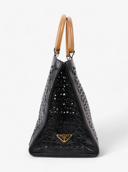 Prada Leather Cut Out Shopper with Wooden Handles in Black Black Leather