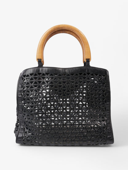 Prada Leather Cut Out Shopper with Wooden Handles in Black Black Leather