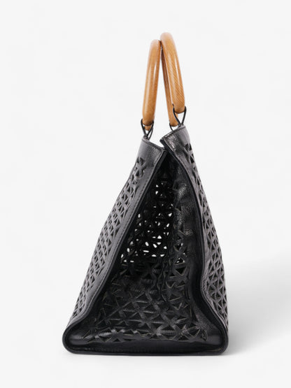 Prada Leather Cut Out Shopper with Wooden Handles in Black Black Leather