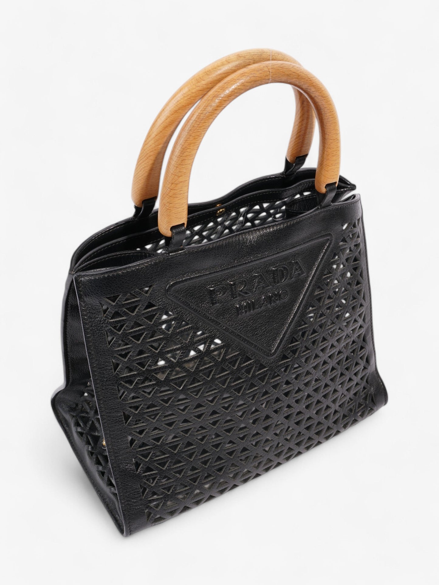 Prada Leather Cut Out Shopper with Wooden Handles in Black Black Leather