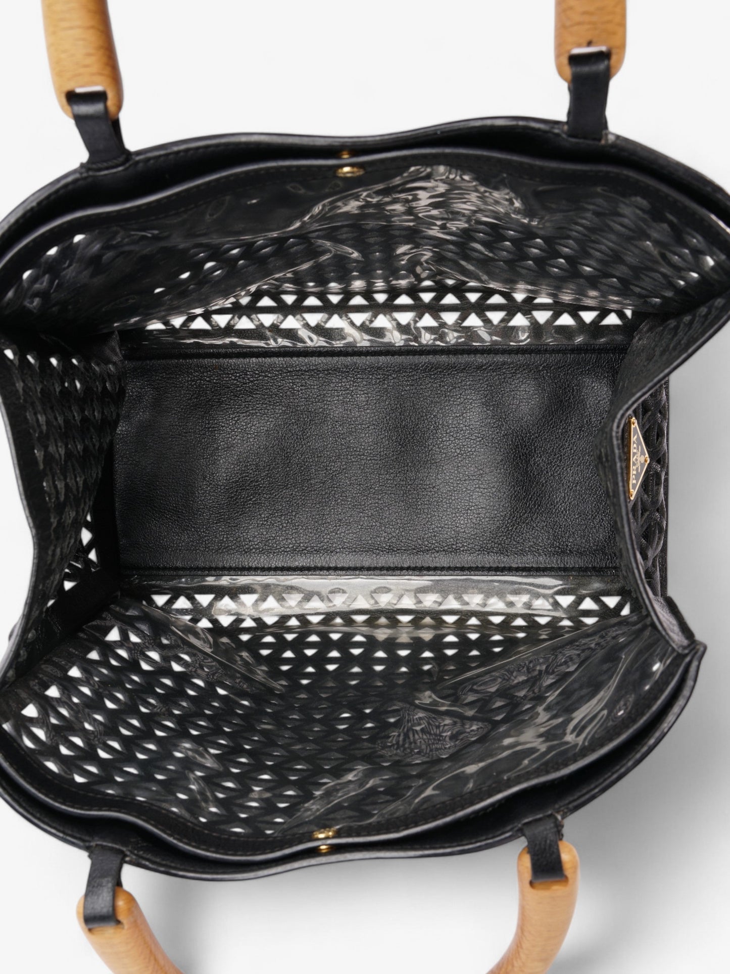 Prada Leather Cut Out Shopper with Wooden Handles in Black Black Leather
