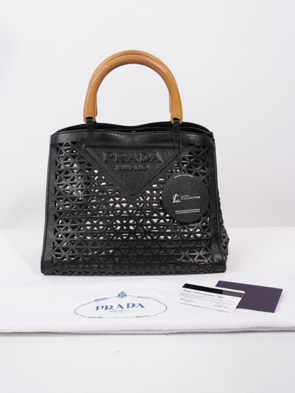 Prada Leather Cut Out Shopper with Wooden Handles in Black Black Leather