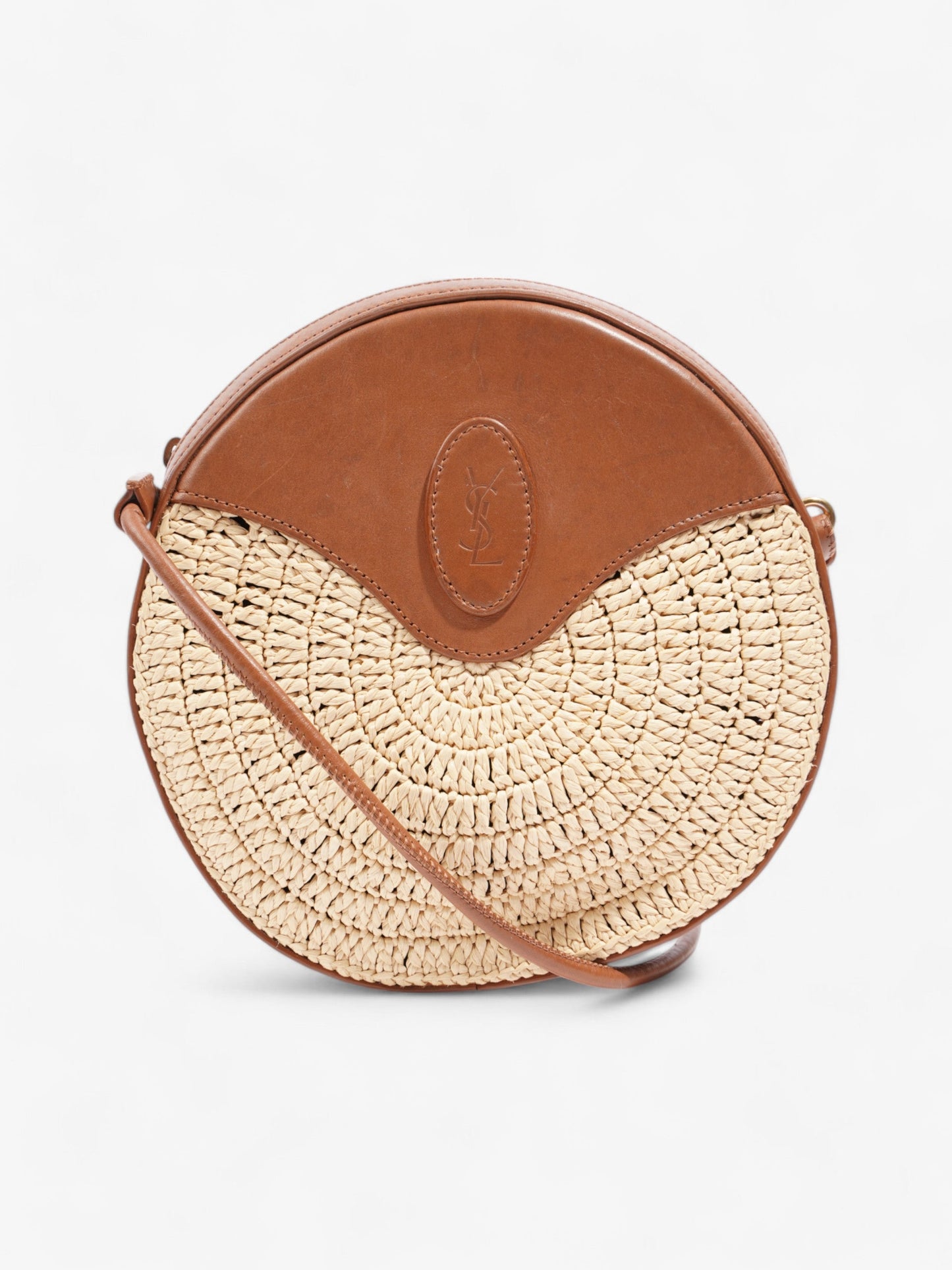 Saint Laurent Raffia Round Crossbody Bag Brown / Straw  Straw, Leather