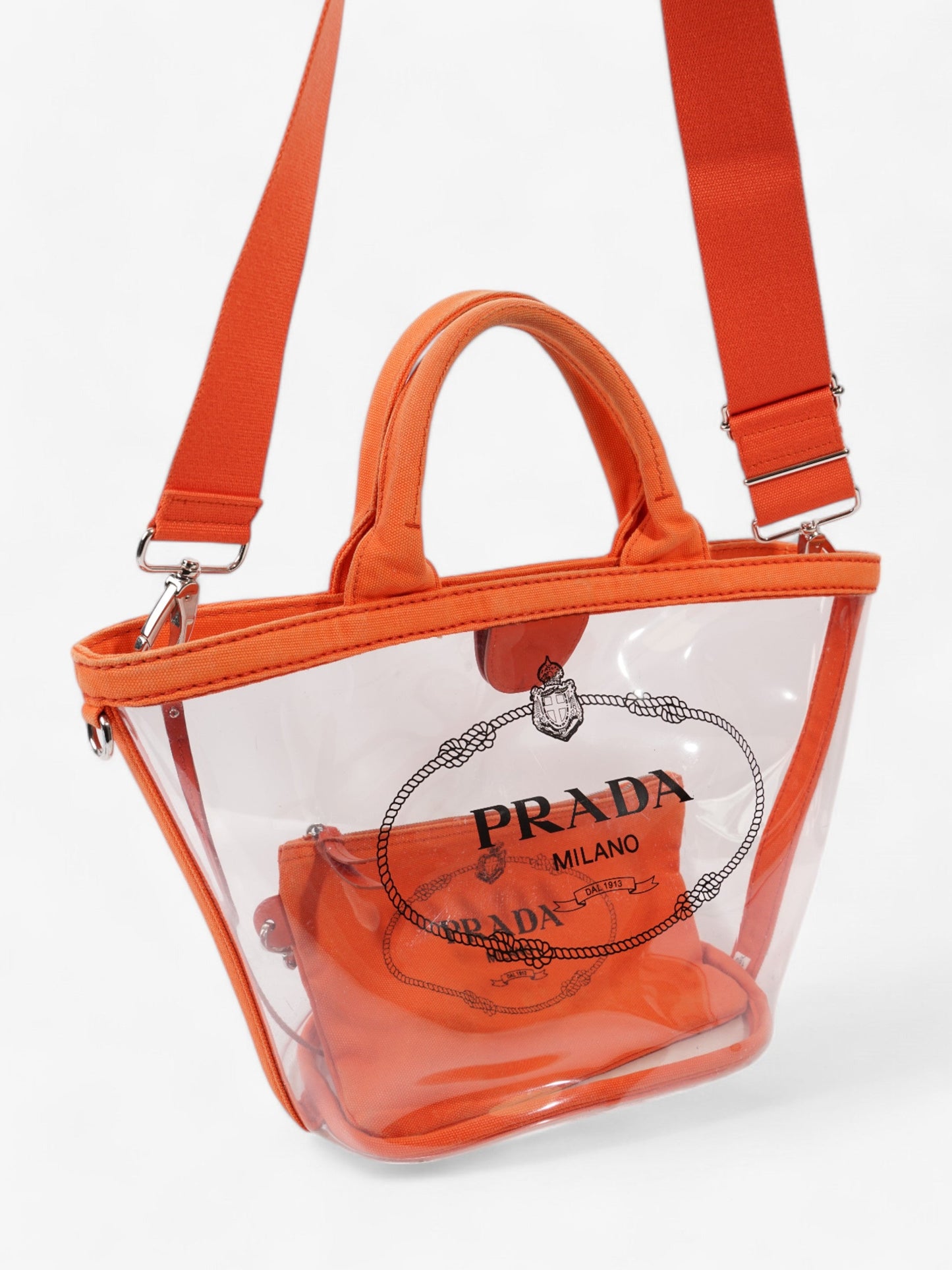 Prada PVC Clear Logo-Print Tote Orange  / Clear  PVC