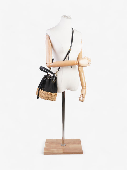 Prada Canvas and Wicker Drawstring Bucket Bag Black Cotton