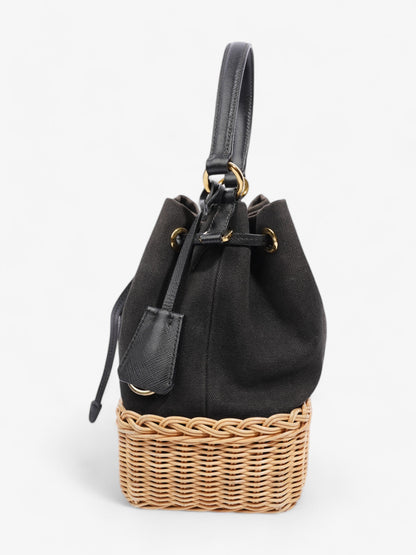 Prada Canvas and Wicker Drawstring Bucket Bag Black Cotton