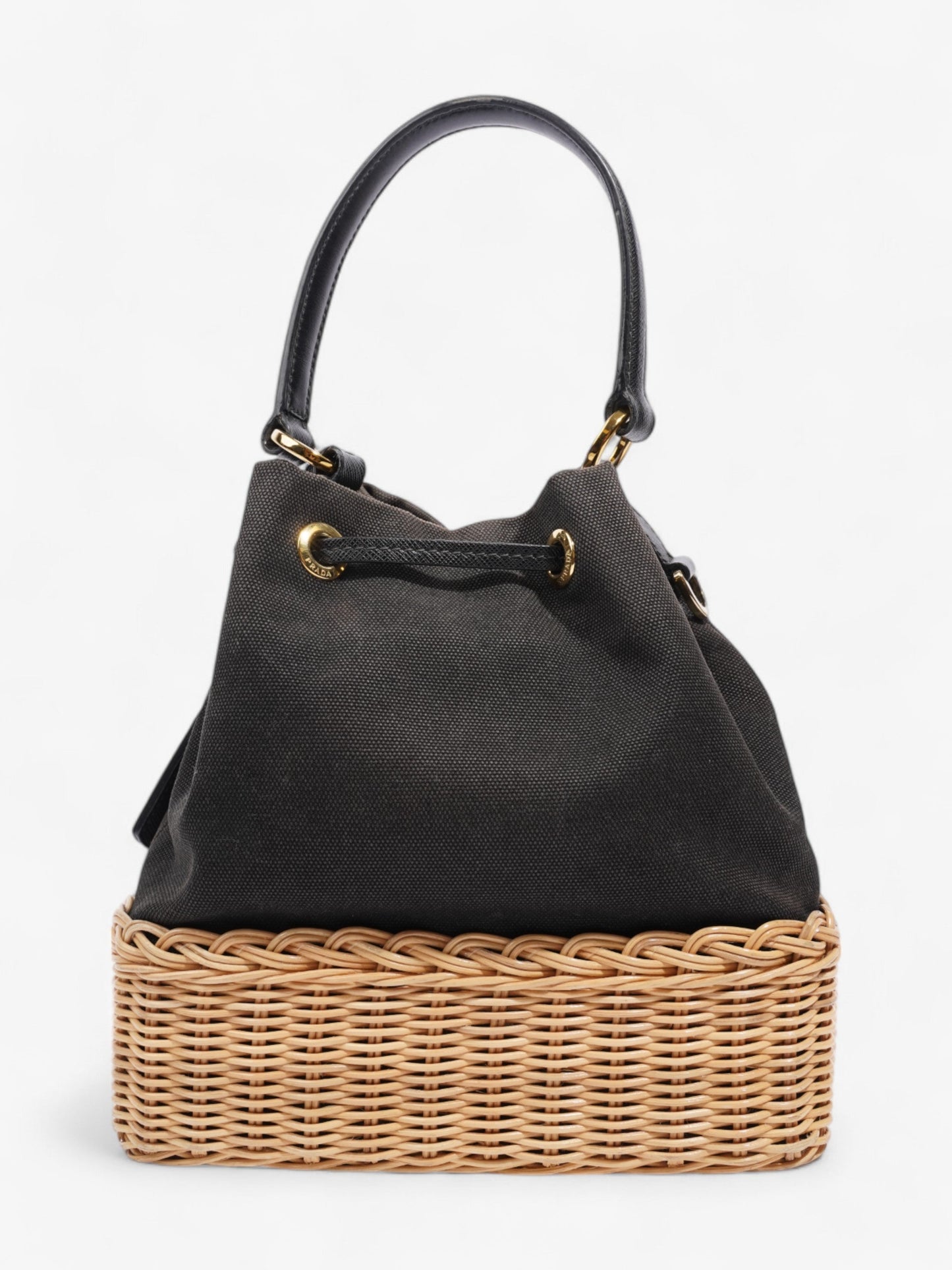 Prada Canvas and Wicker Drawstring Bucket Bag Black Cotton