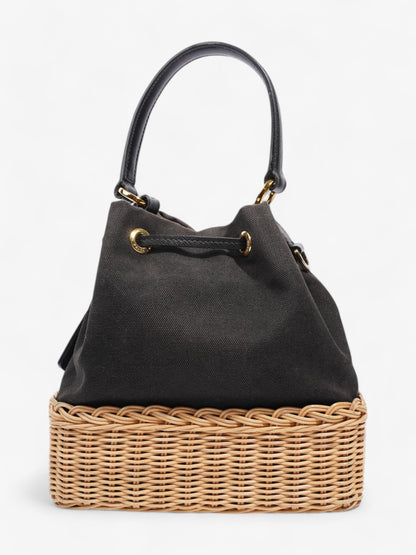 Prada Canvas and Wicker Drawstring Bucket Bag Black Cotton