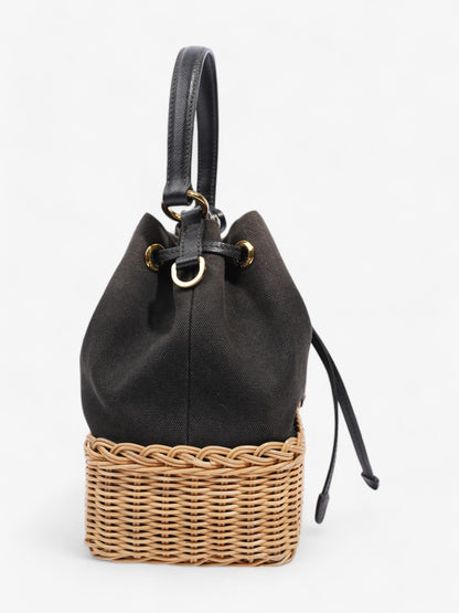 Prada Canvas and Wicker Drawstring Bucket Bag Black Cotton