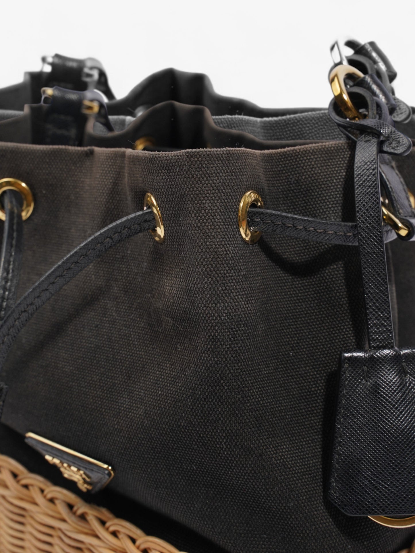 Prada Canvas and Wicker Drawstring Bucket Bag Black Cotton