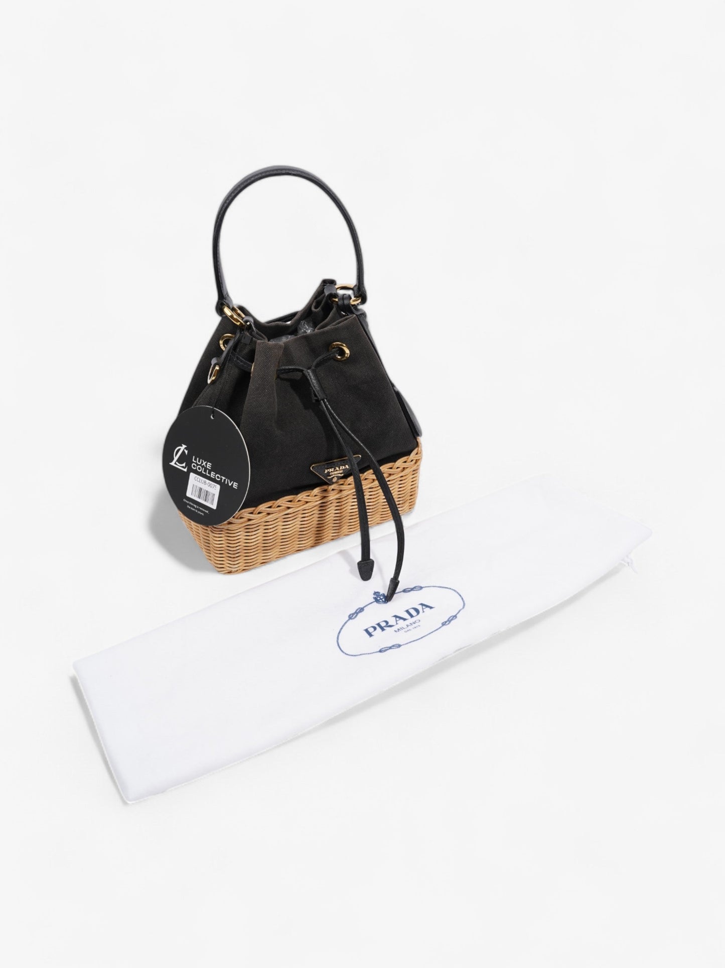 Prada Canvas and Wicker Drawstring Bucket Bag Black Cotton