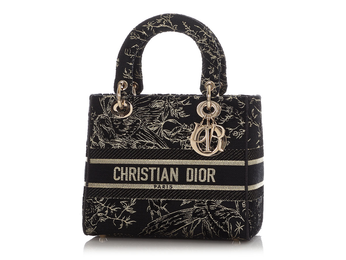 Dior Medium Black and Gold Toile de Jouy Embroidery Lady D-Lite Bag