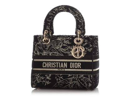Dior Medium Black and Gold Toile de Jouy Embroidery Lady D-Lite Bag