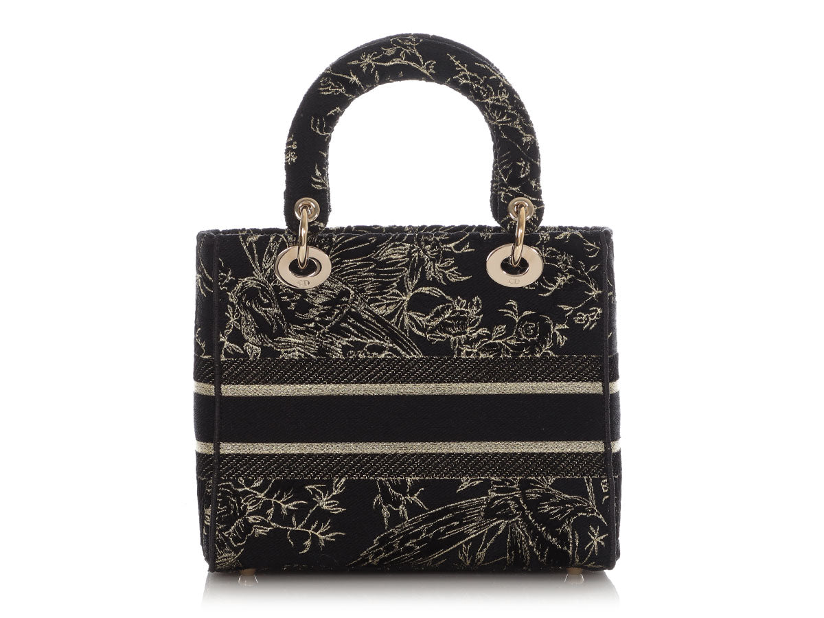 Dior Medium Black and Gold Toile de Jouy Embroidery Lady D-Lite Bag
