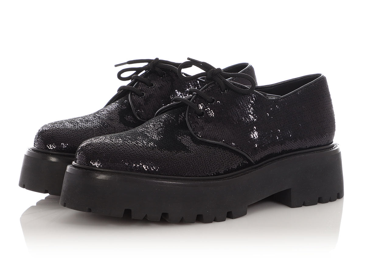 Celine Black Sequin Lug-Sole Derby Shoes