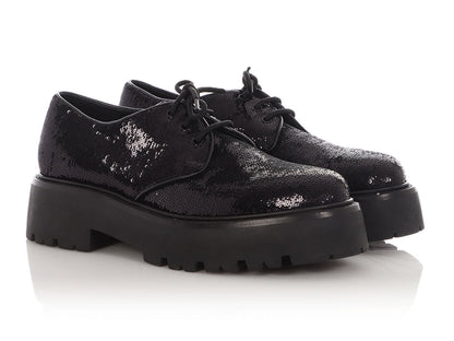 Celine Black Sequin Lug-Sole Derby Shoes