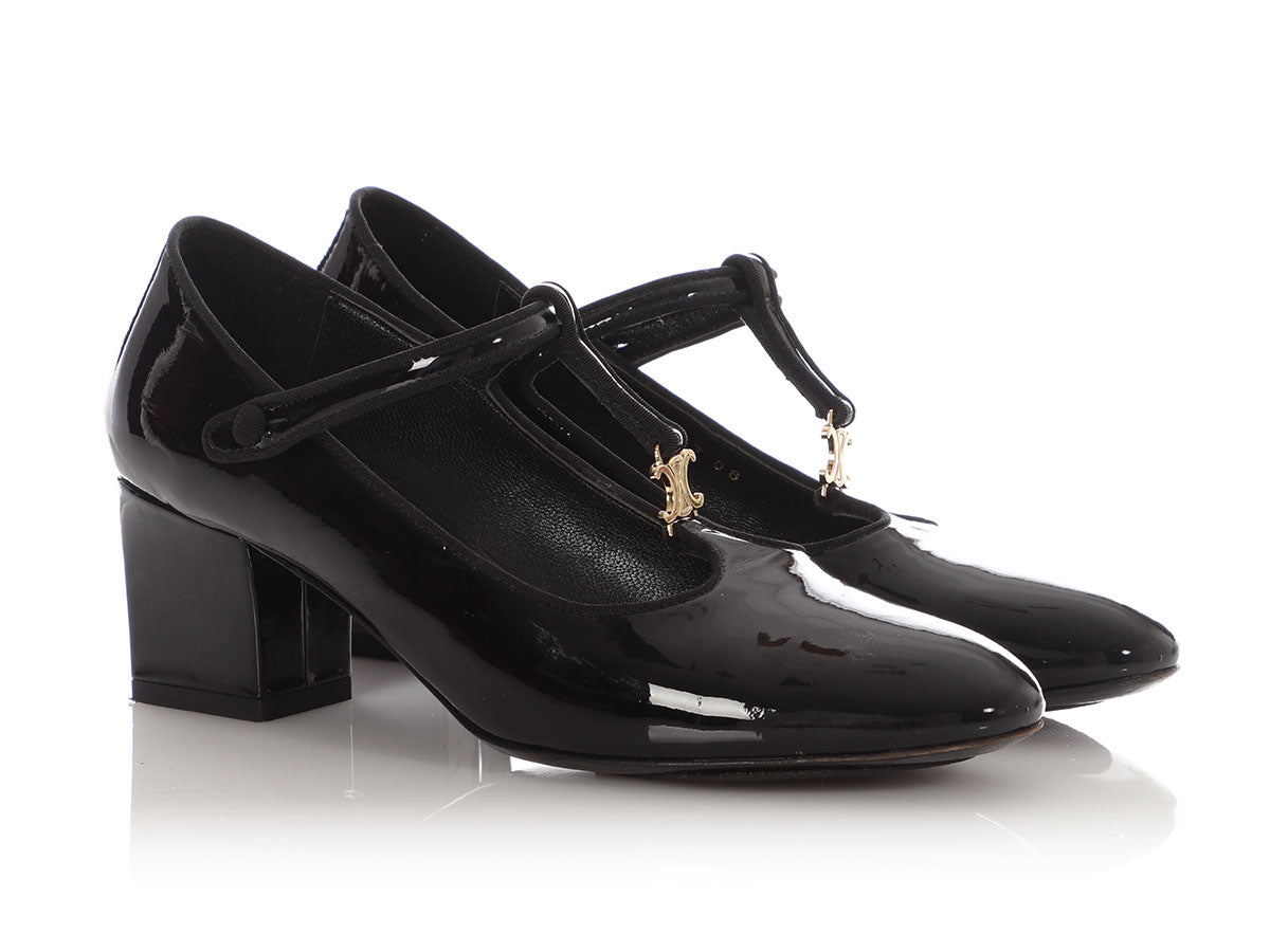 Celine Black Patent Babies T-Bar Pumps