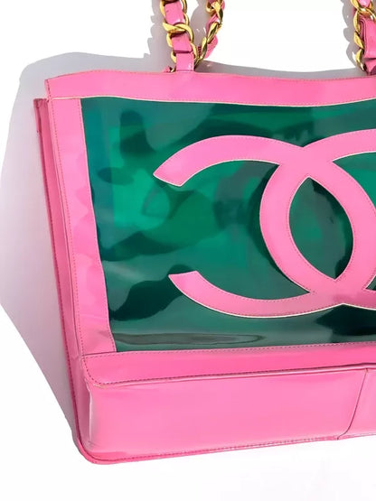 Chanel 1995 Vintage Barbie Pink Patent PVC Chunky Chain Tote Bag