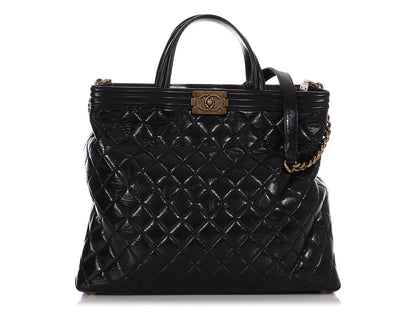 Chanel Large Black Quilted Glazed Calfskin Boy Shopping Tote