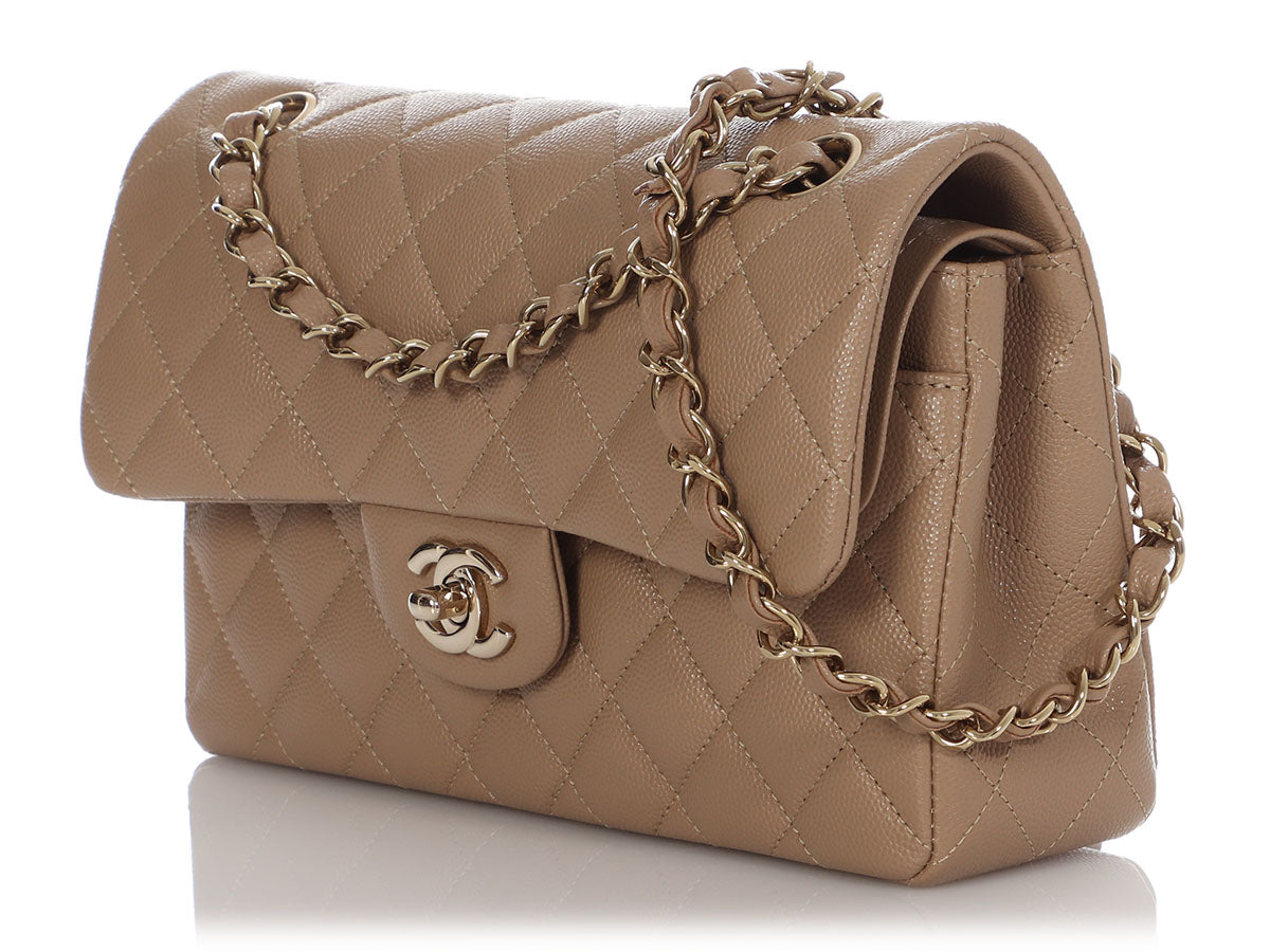 Chanel Small Dark Beige Quilted Caviar Classic Double Flap