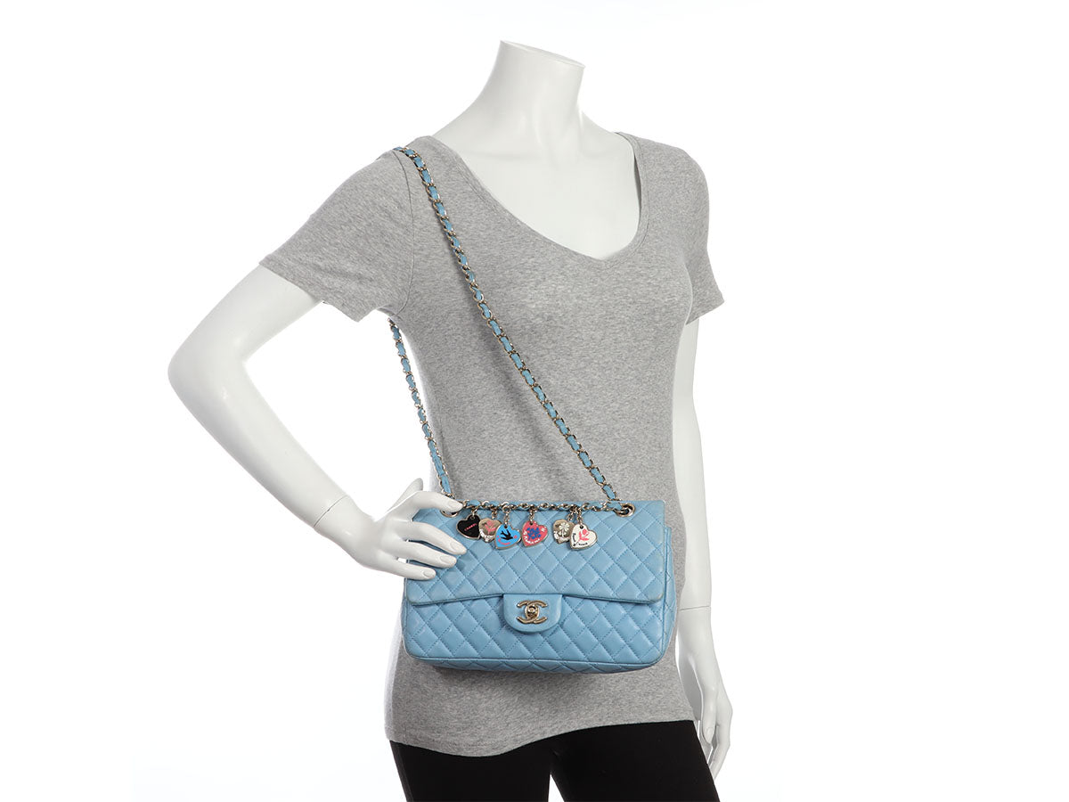 Chanel Medium Blue Quilted Lambskin Valentine Heart Charms Bag