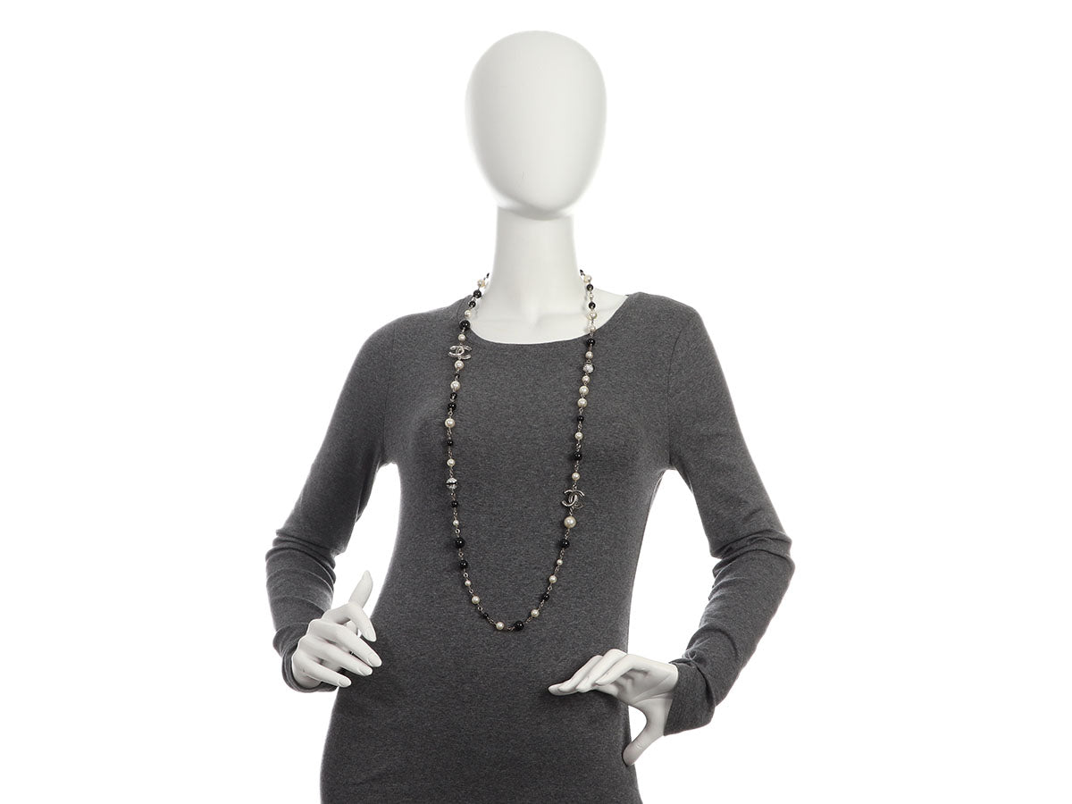 Chanel Long Black Beads, Pearls, and Crystal Logos Necklace