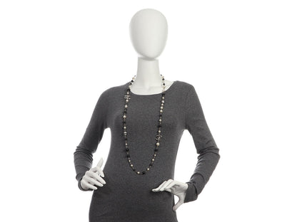Chanel Long Black Beads, Pearls, and Crystal Logos Necklace